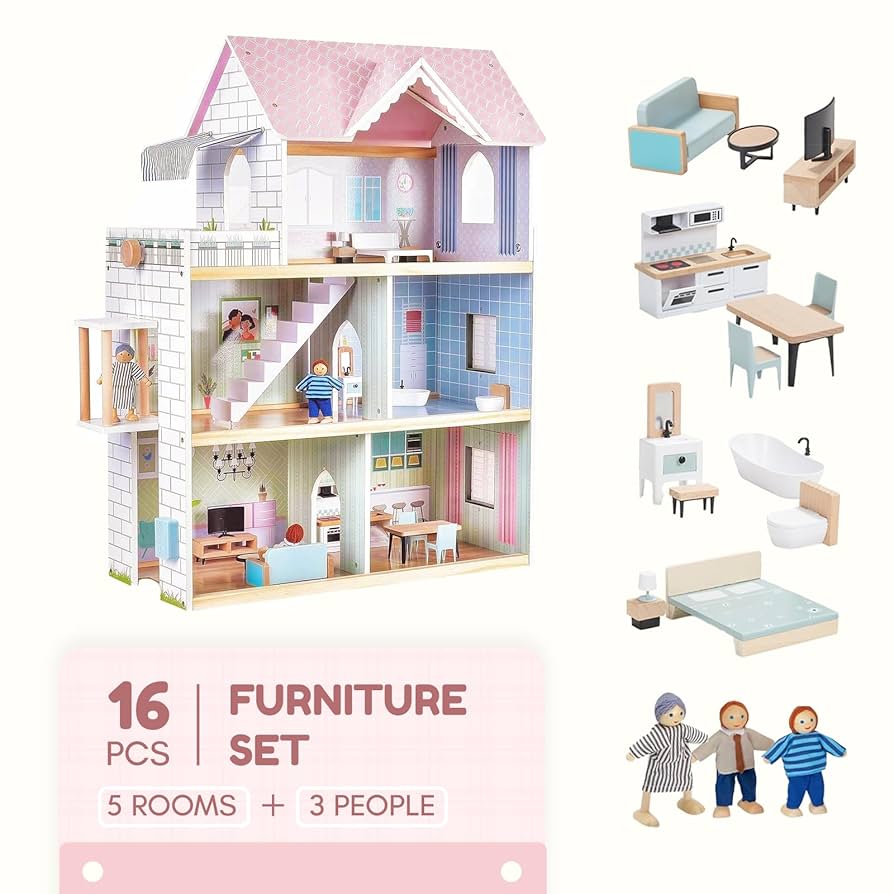 Amazon | ピンクの木製ドールハウス 家具セット 女の子用 高さ3